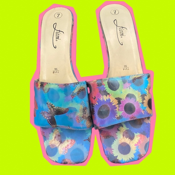 Ann Marino Shoes - Y2K Hologram Butterfly and Sunflower Mules